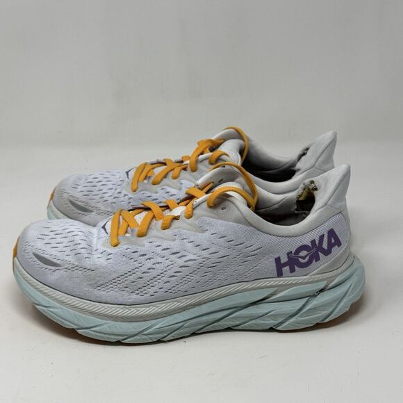 Hoka One One Clifton 8 Womens 8 W Wide White Blue Running Shoes Sneakers - Picture 2 of 16